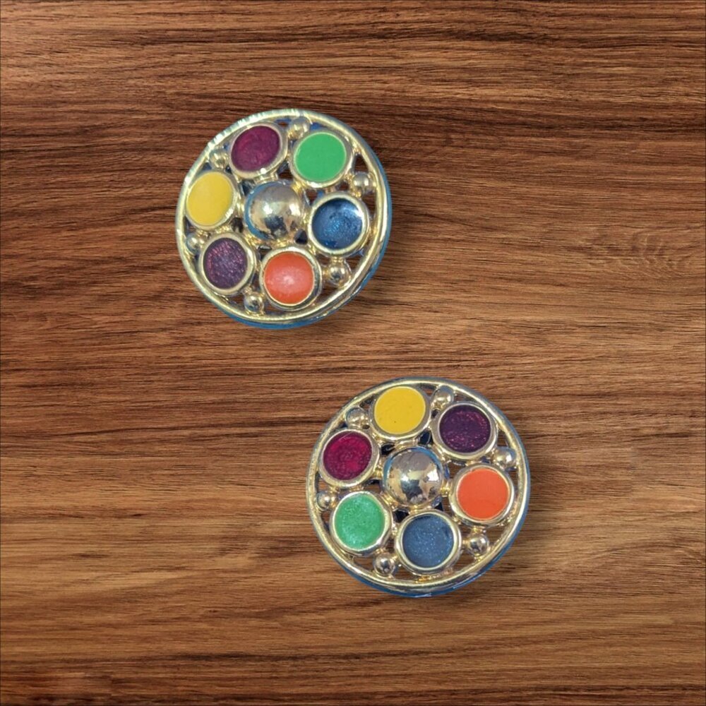 Vintage Gold-Tone Clip-On Earrings With Multicolor Stones Circa 1980s